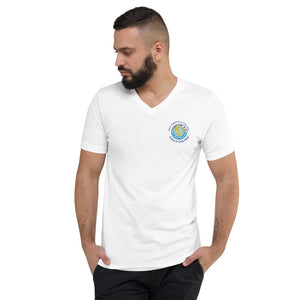 Unisex Short Sleeve V-Neck T-Shirt - What happens in Club Med Stays in Club Med Forever GO Original Logo