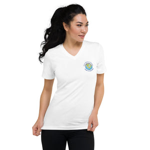 Unisex Short Sleeve V-Neck T-Shirt - What happens in Club Med Stays in Club Med Forever GO Original Logo