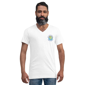 Unisex Short Sleeve V-Neck T-Shirt - What happens in Club Med Stays in Club Med Forever GO Original Logo