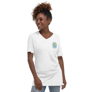 Unisex Short Sleeve V-Neck T-Shirt - What happens in Club Med Stays in Club Med Forever GO Original Logo