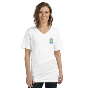 Unisex Short Sleeve V-Neck T-Shirt - What happens in Club Med Stays in Club Med Forever GO Original Logo