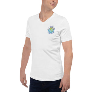 Unisex Short Sleeve V-Neck T-Shirt - What happens in Club Med Stays in Club Med Forever GO Original Logo