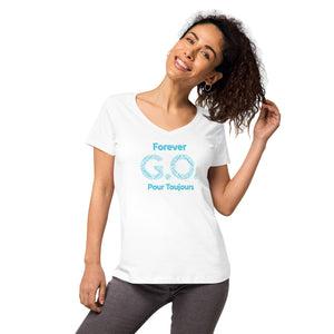 Women’s fitted v-neck t-shirt-  Reunion 2022 Forever GO, Front and back print -White with Turkoise  - Gold Trident ( A portion of the sale will go towards the Forever GO Charity)