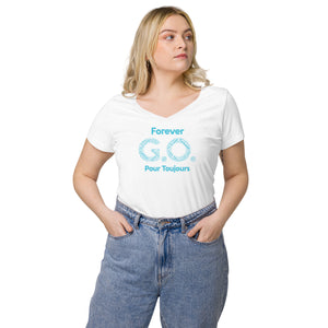 Women’s fitted v-neck t-shirt-  Reunion 2022 Forever GO, Front and back print -White with Turkoise  - Gold Trident ( A portion of the sale will go towards the Forever GO Charity)