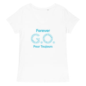 Women’s fitted v-neck t-shirt-  Reunion 2022 Forever GO, Front and back print -White with Turkoise  - Gold Trident ( A portion of the sale will go towards the Forever GO Charity)