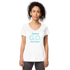 Women’s fitted v-neck t-shirt-  Reunion 2022 Forever GO, Front and back print -White with Turkoise  - Gold Trident ( A portion of the sale will go towards the Forever GO Charity)